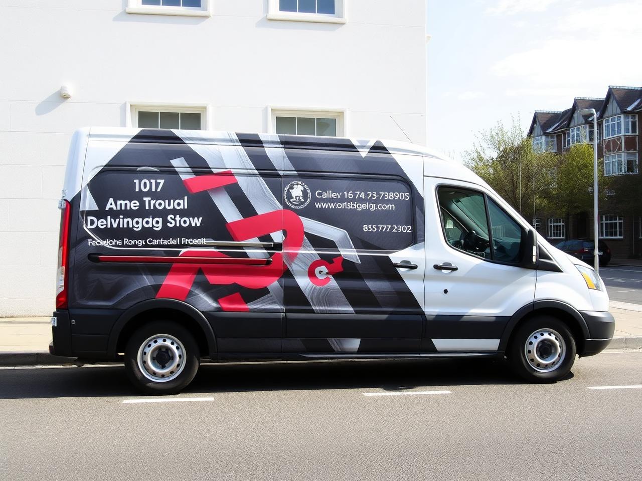Delivery van wrapped with corporate vinyl branding graphics