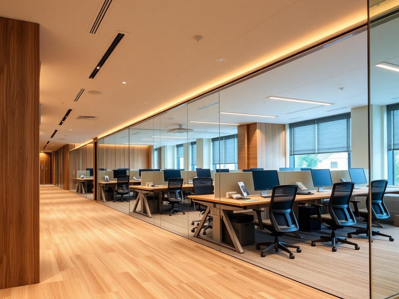 Executive office fit-out with wood paneling and workstations