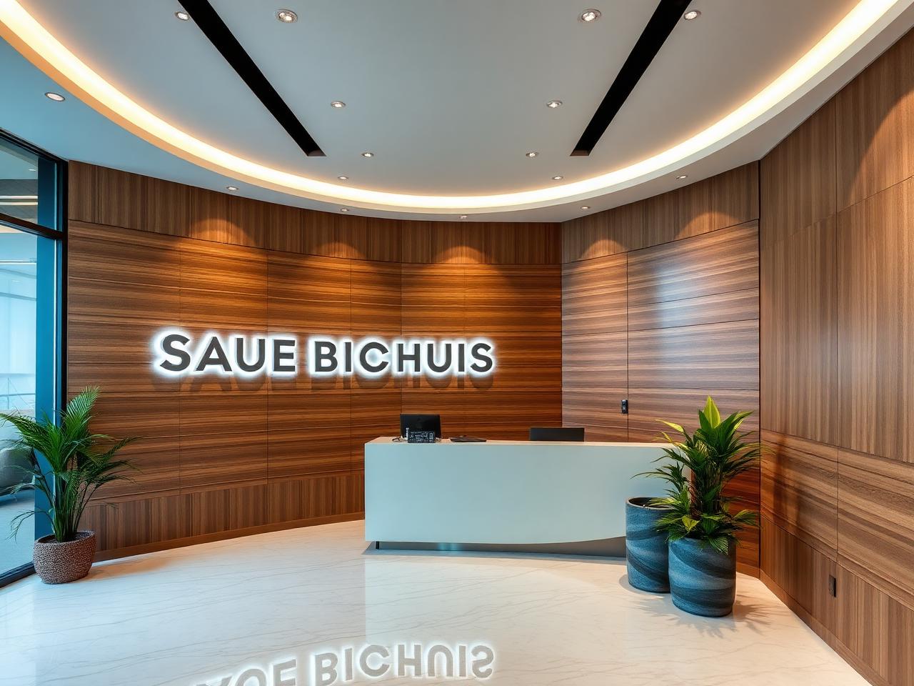 Luxury reception with wood paneling and illuminated stainless steel letters
