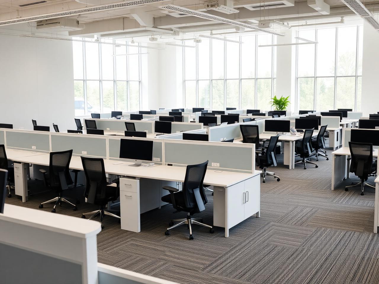 Rows of modern office workstations and partitions