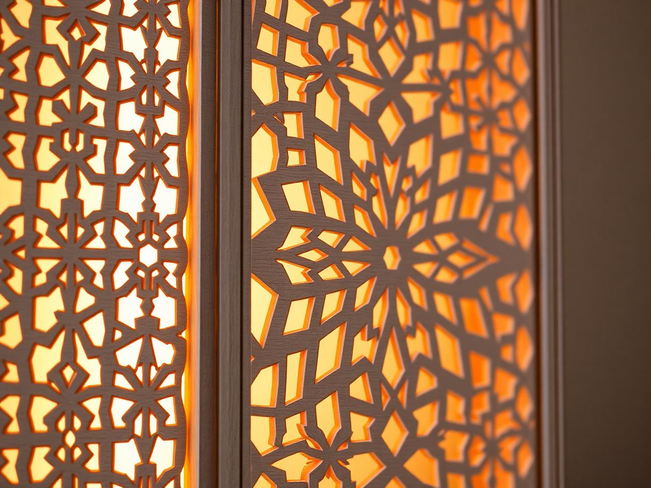Intricate laser-cut MDF jali panel with geometric pattern and warm backlight