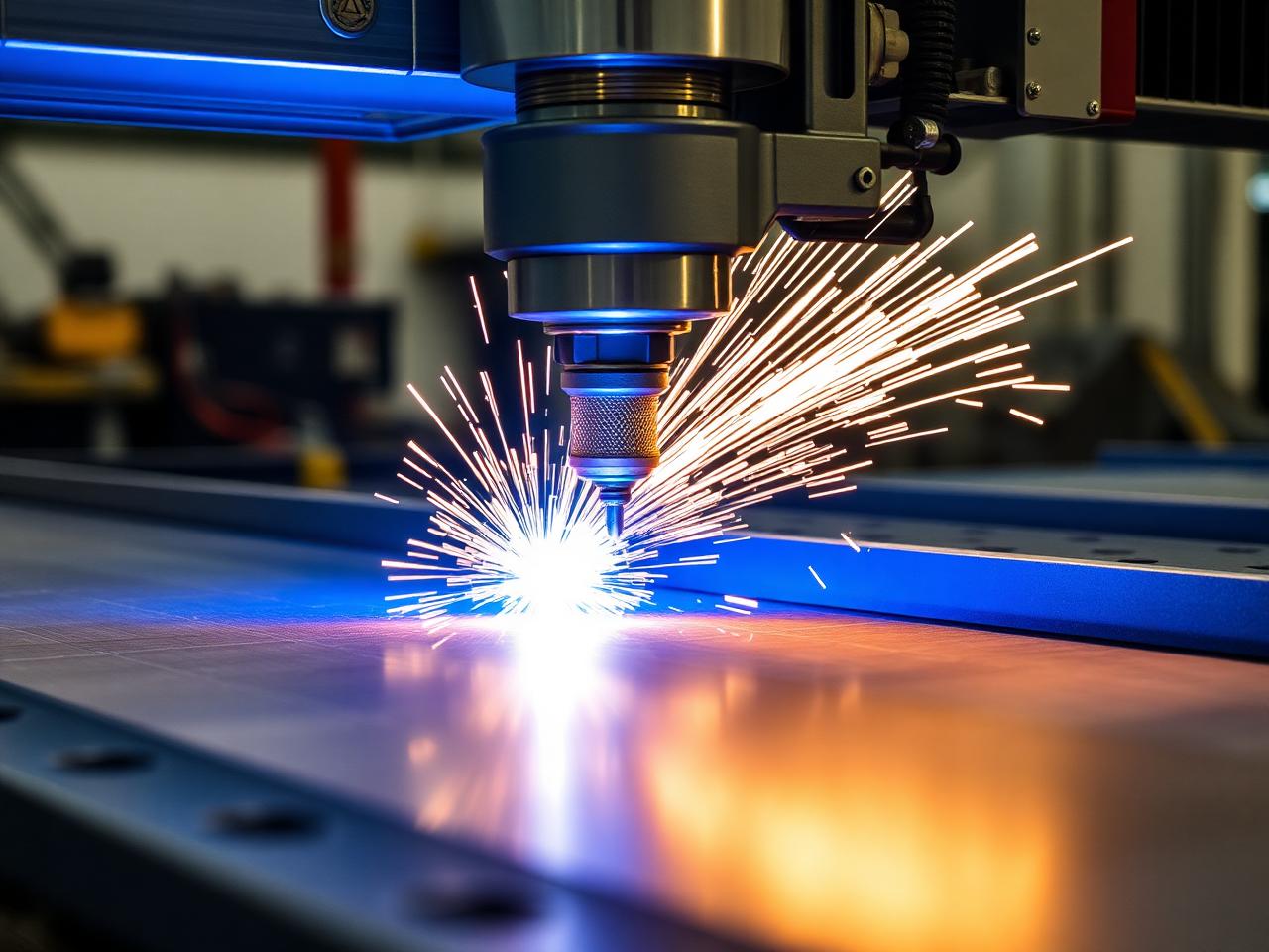 CNC laser cutting a stainless steel sheet with sparks