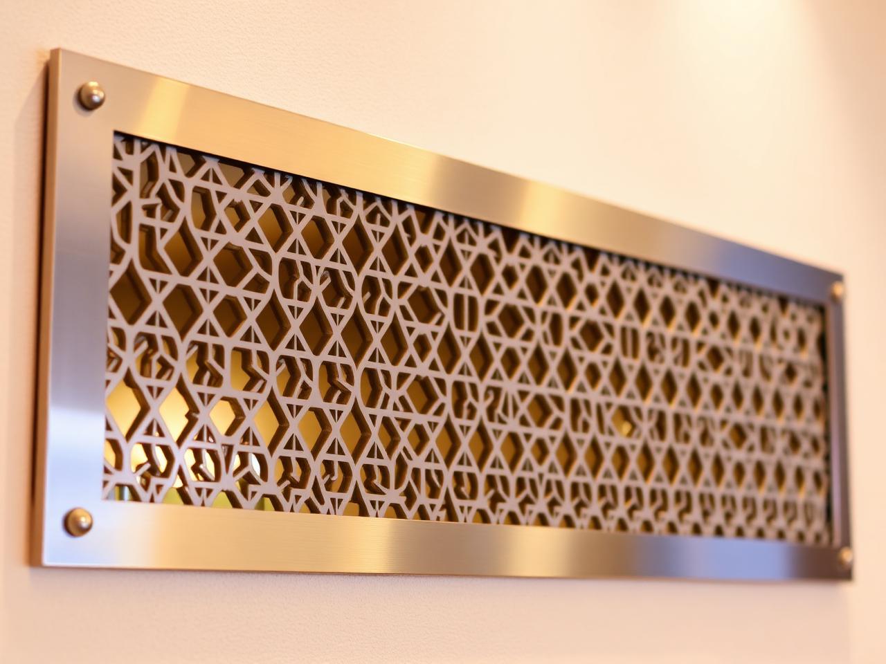 Stainless steel laser-cut decorative grill panel mounted on a wall