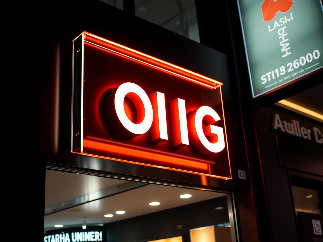 Illuminated 3D acrylic LED sign board glowing on a shopfront at night